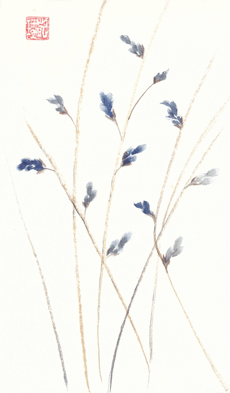 chinese brush painting blue wildflowers