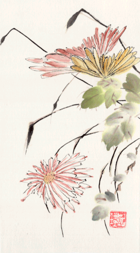 original chinese brush painting late fall mums